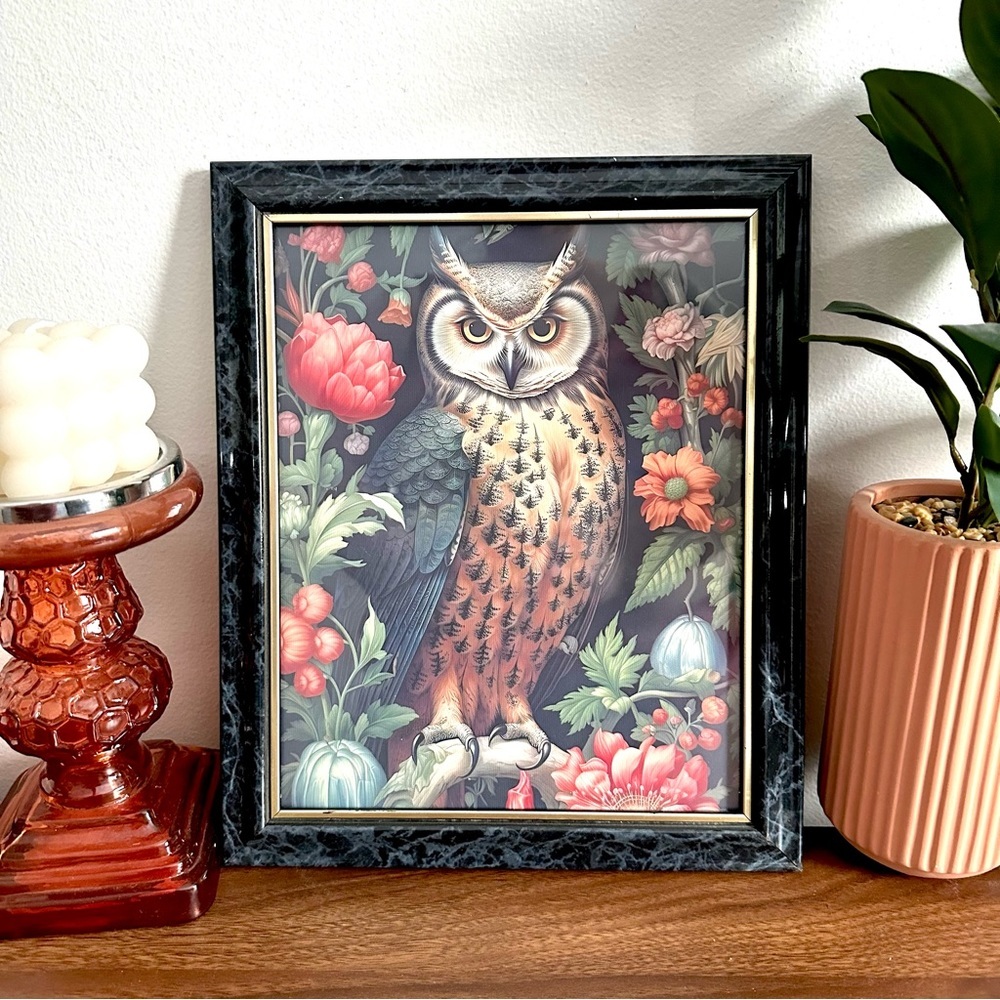 Cottagecore Owl Moody Floral Forest Woodland Canvas Framed Art Print 9.5x11.5”